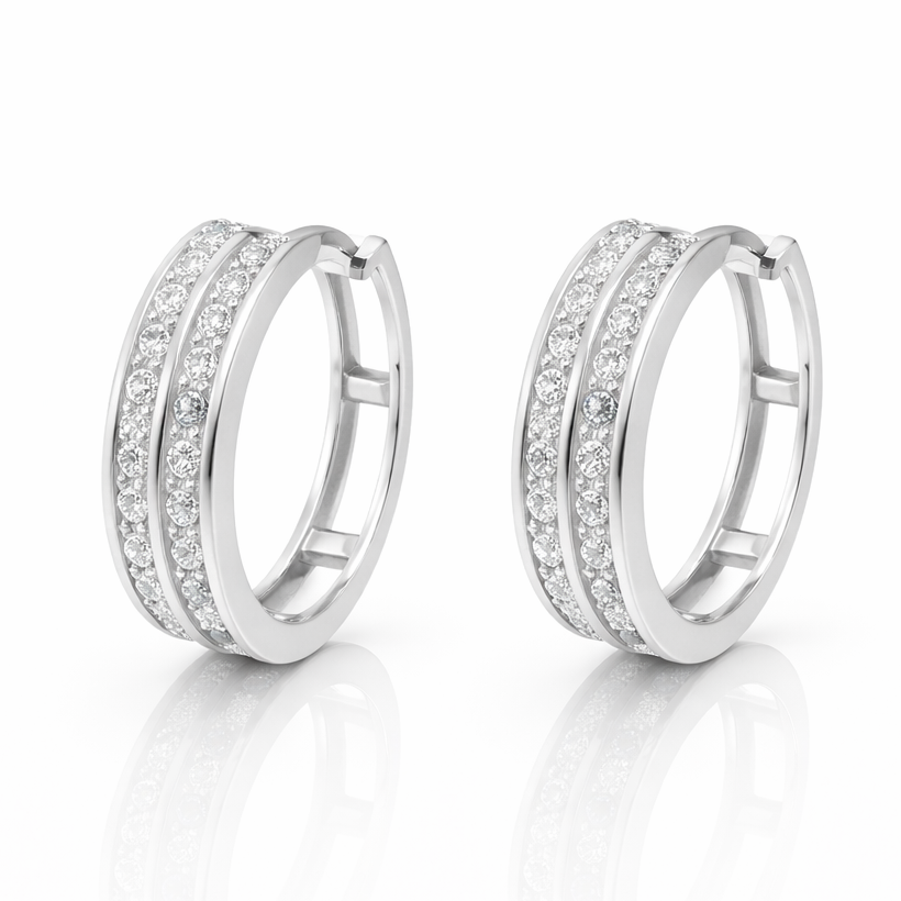 Argollas de Oro Blanco 18K con Doble Línea de Circonias
