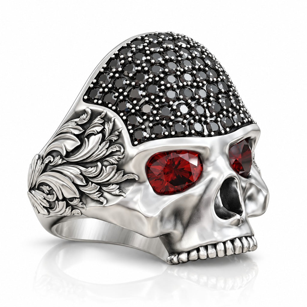 Baroque Skull Ring with Black Pavé and Red Eyes – Sterling Silver