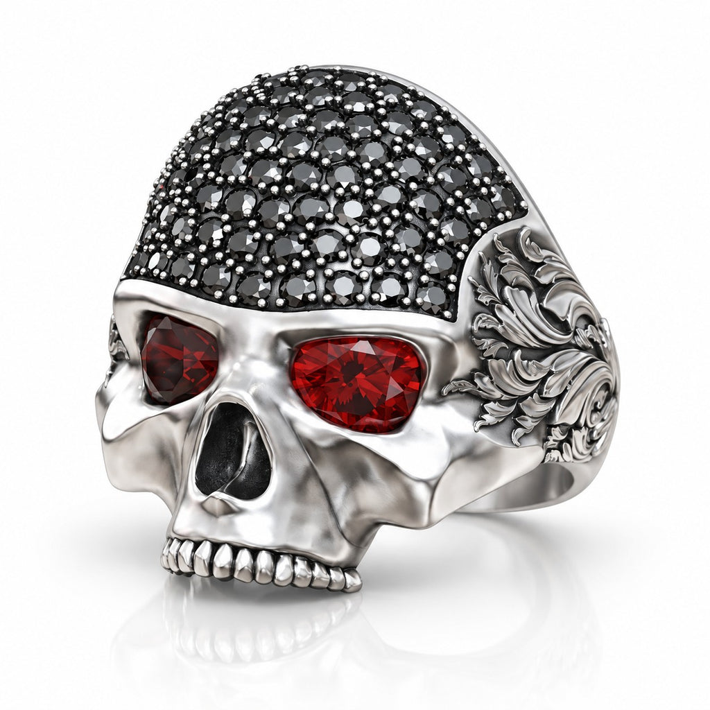 Baroque Skull Ring with Black Pavé and Red Eyes – Sterling Silver