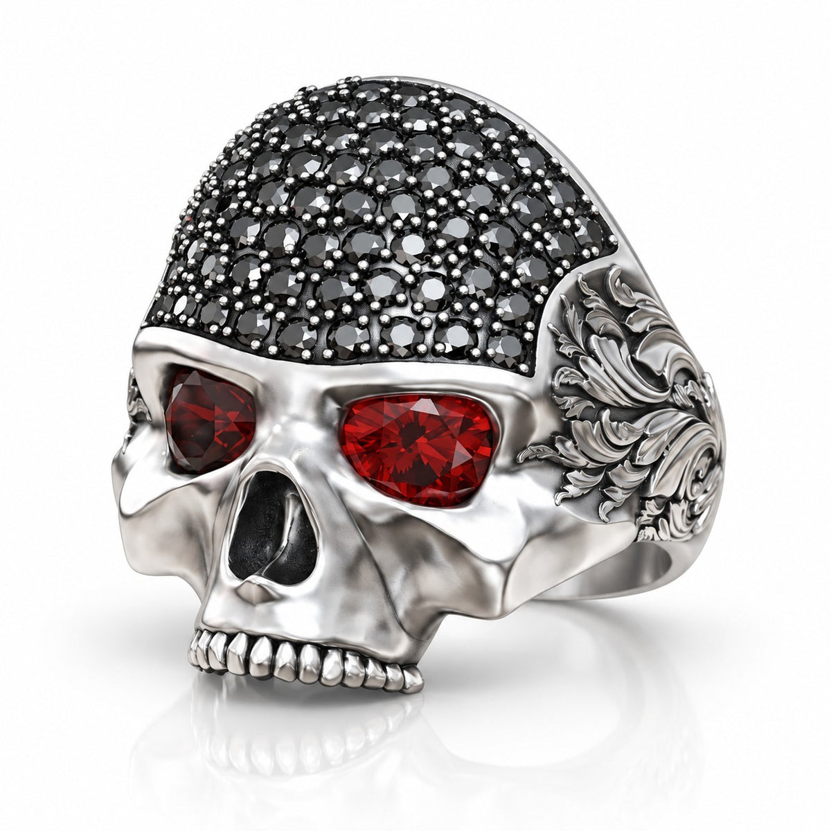 Baroque Skull Ring with Black Pavé and Red Eyes – Sterling Silver