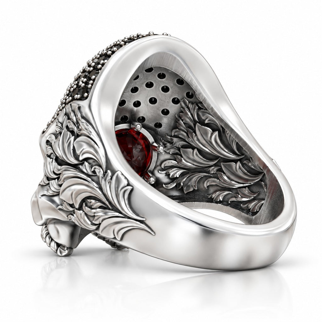 Baroque Skull Ring with Black Pavé and Red Eyes – Sterling Silver