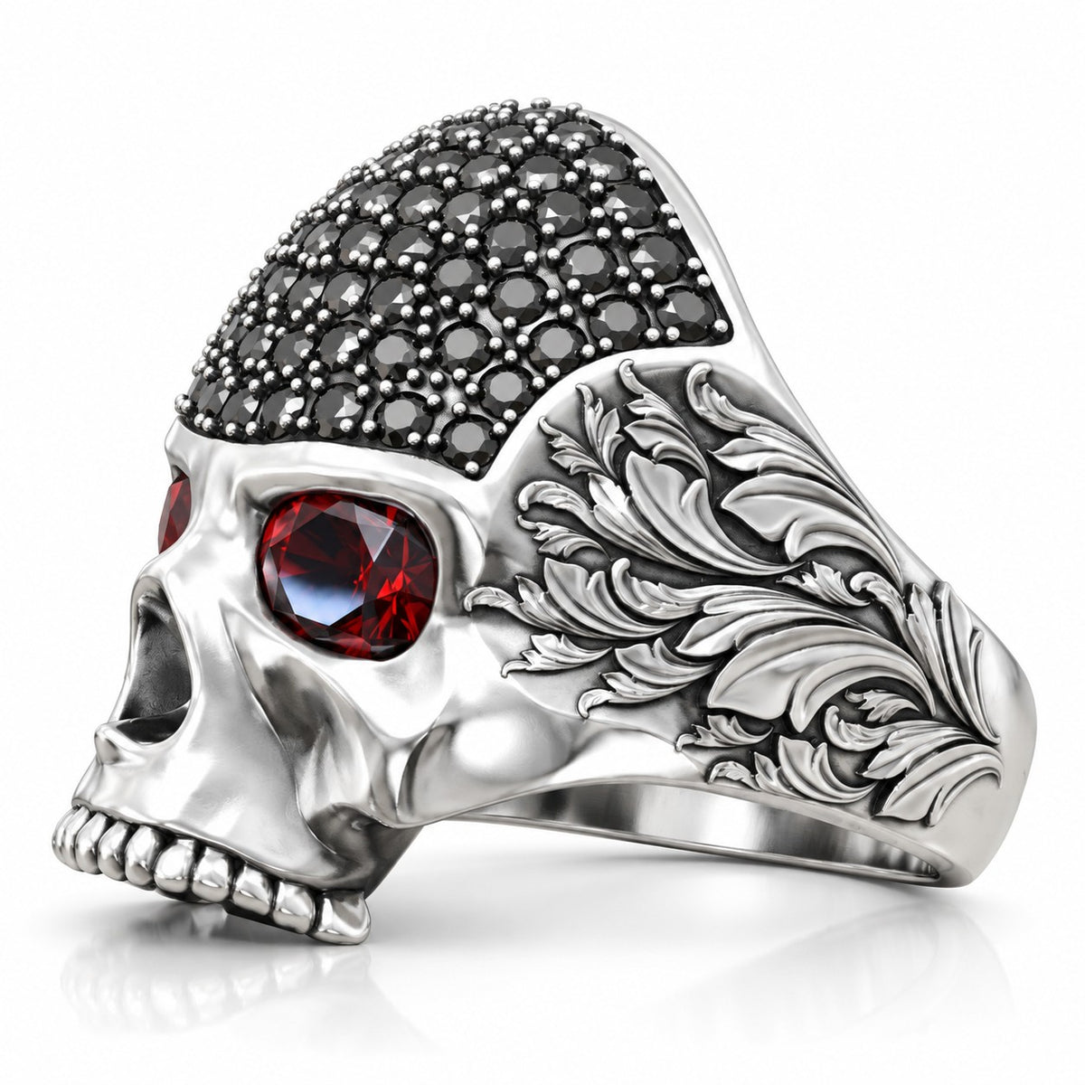 Baroque Skull Ring with Black Pavé and Red Eyes – Sterling Silver