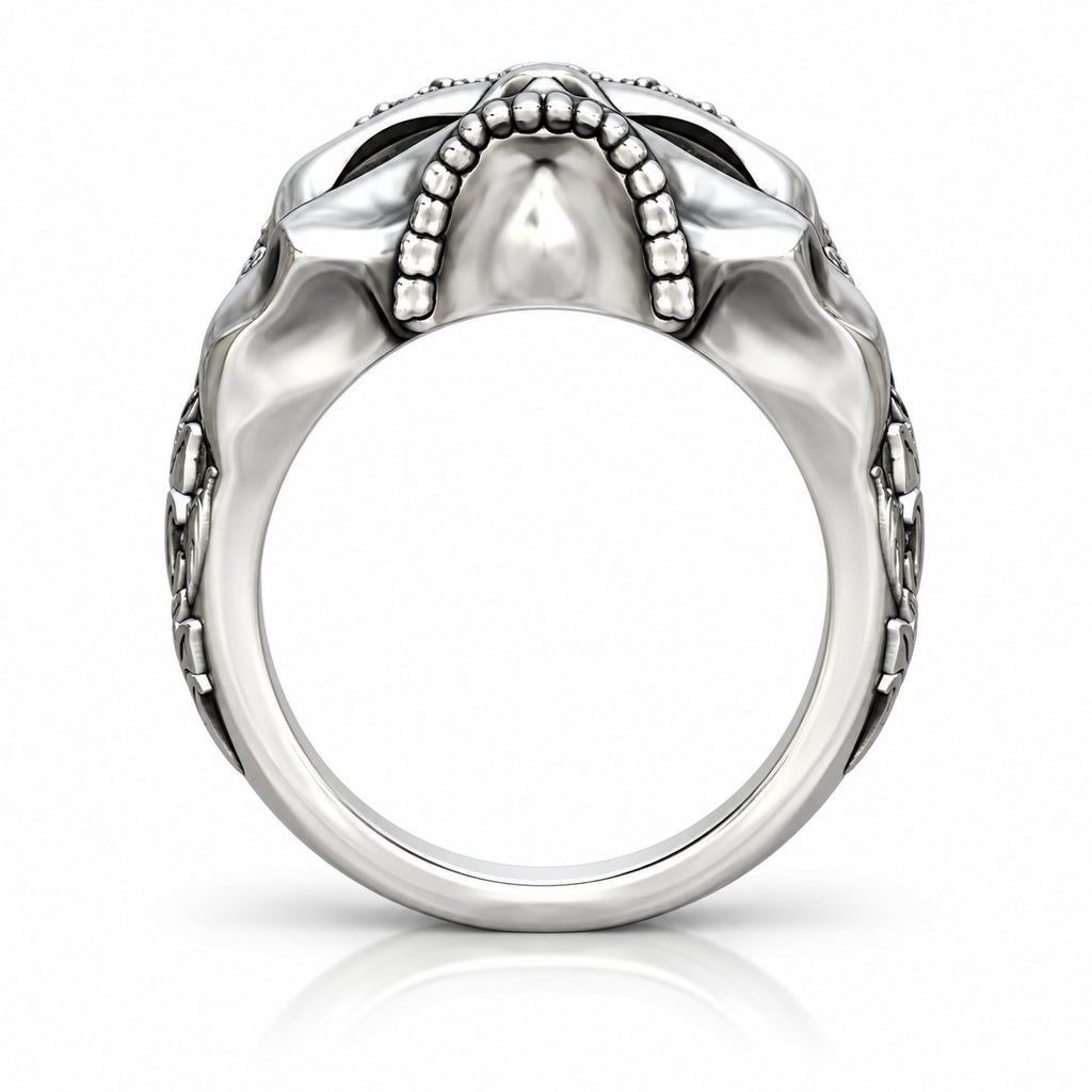 Baroque Skull Ring with Black Pavé and Red Eyes – Sterling Silver