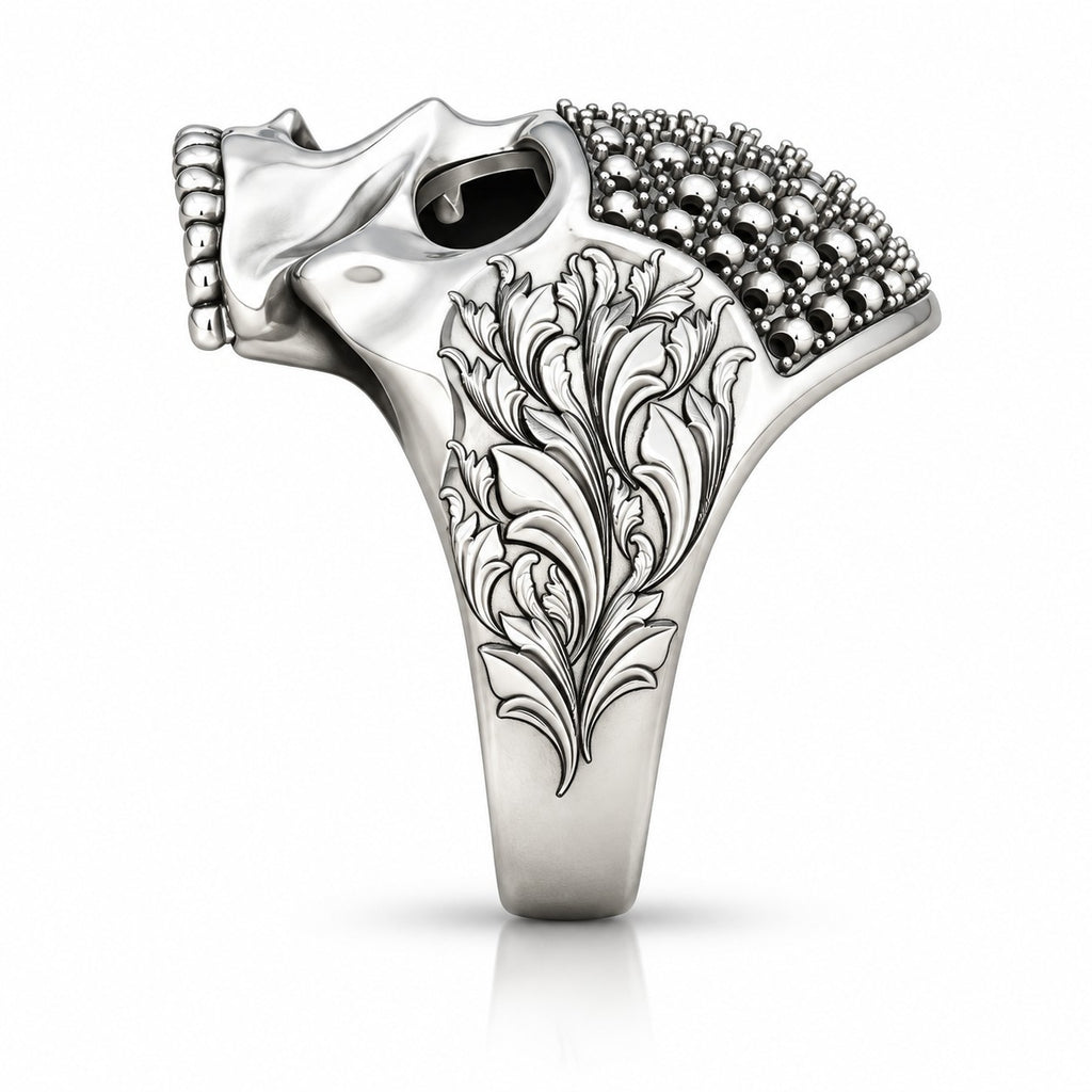 Baroque Skull Ring with Black Pavé and Red Eyes – Sterling Silver
