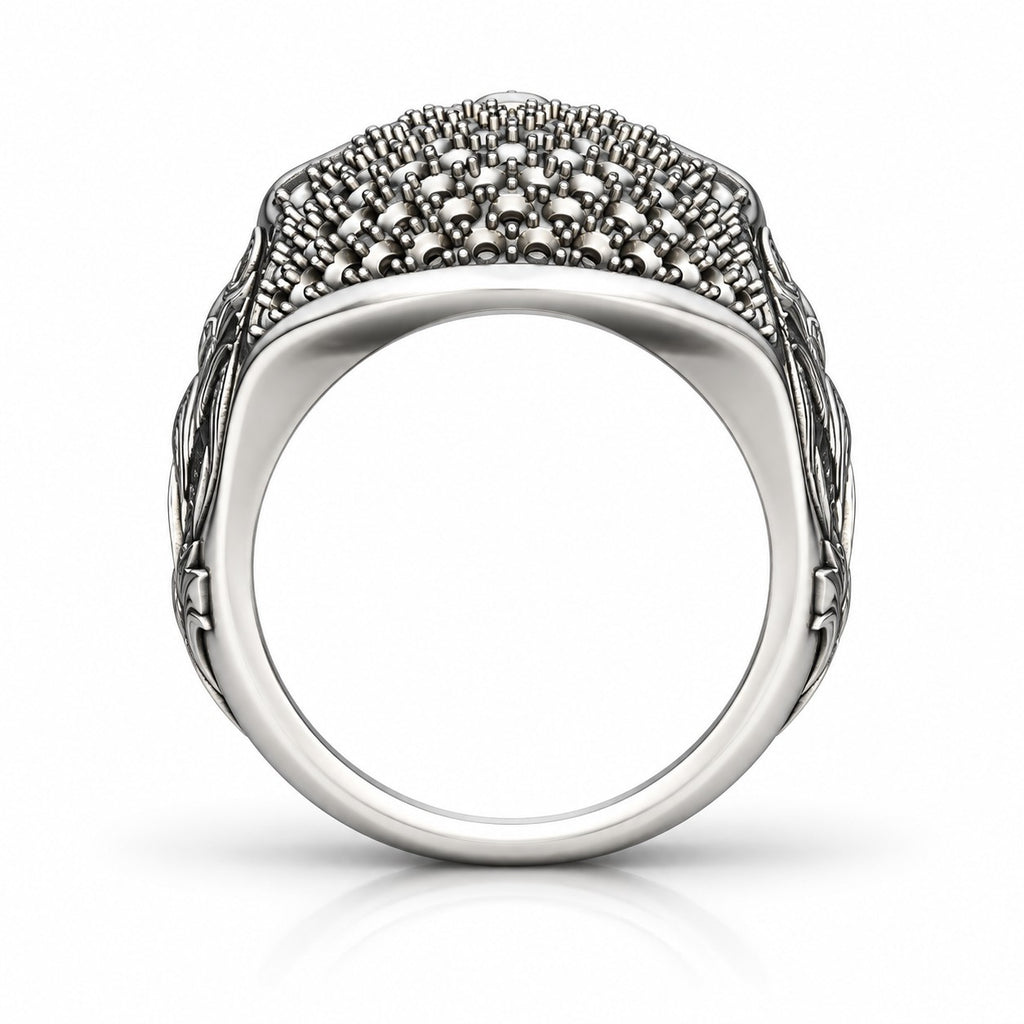 Baroque Skull Ring with Black Pavé and Red Eyes – Sterling Silver