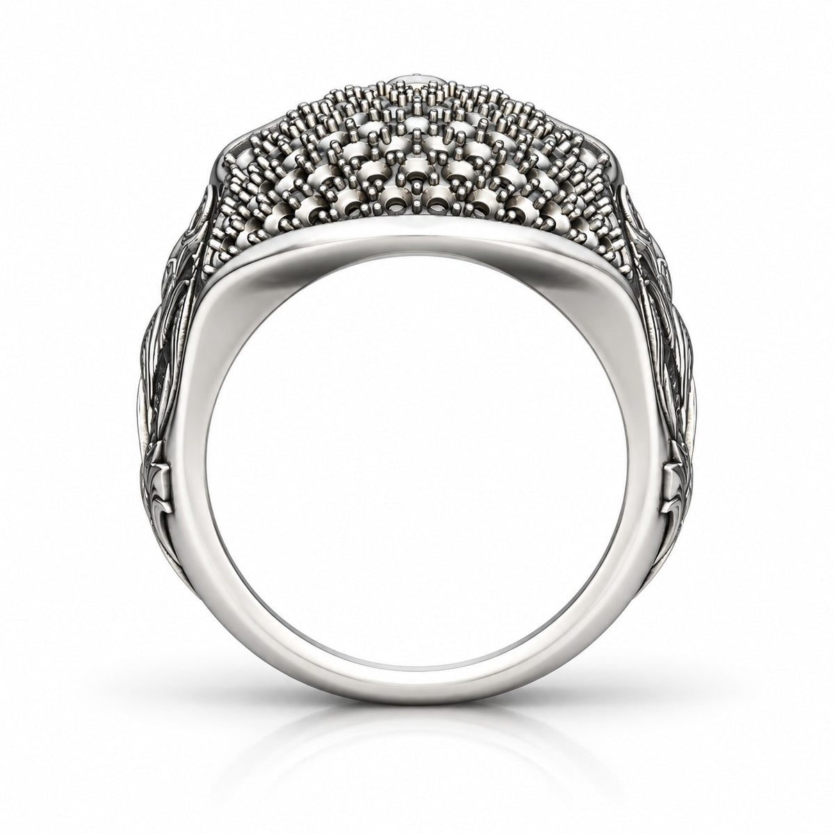 Baroque Skull Ring with Black Pavé and Red Eyes – Sterling Silver