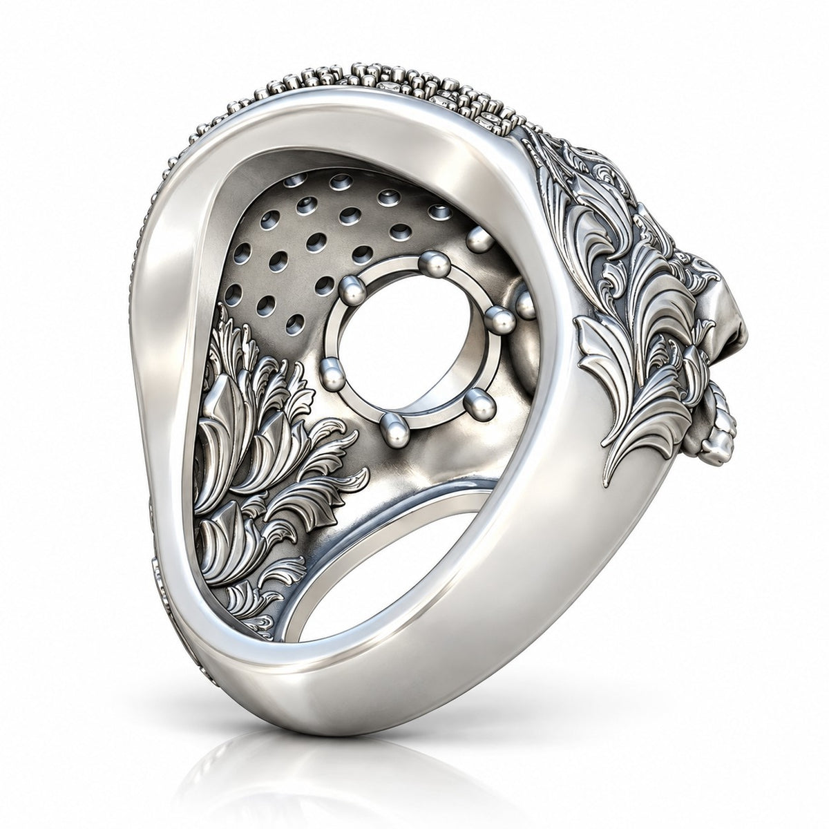 Baroque Skull Ring with Black Pavé and Red Eyes – Sterling Silver