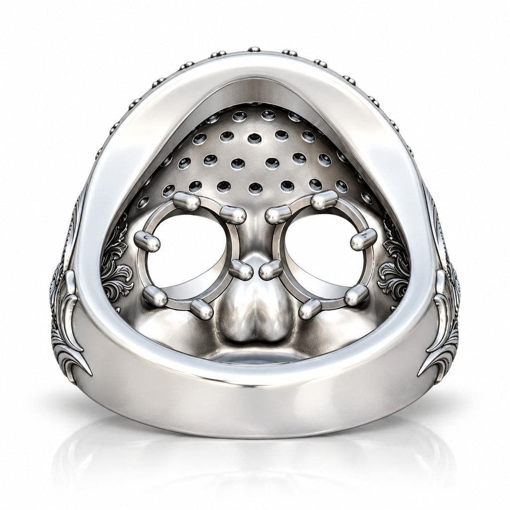 Baroque Skull Ring with Black Pavé and Red Eyes – Sterling Silver