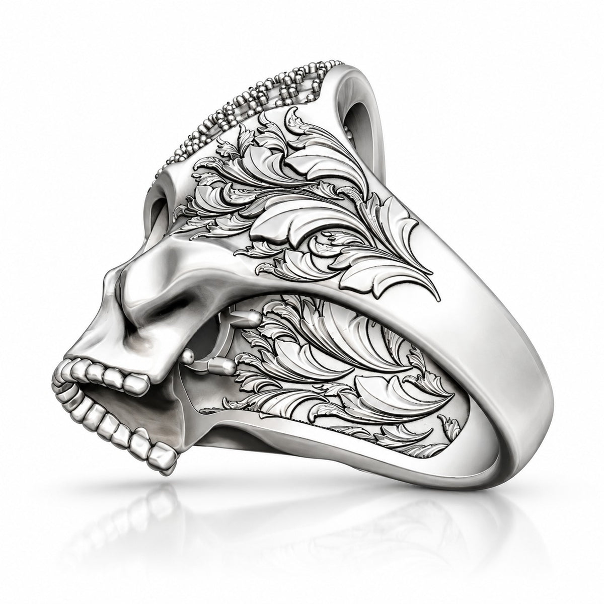 Baroque Skull Ring with Black Pavé and Red Eyes – Sterling Silver