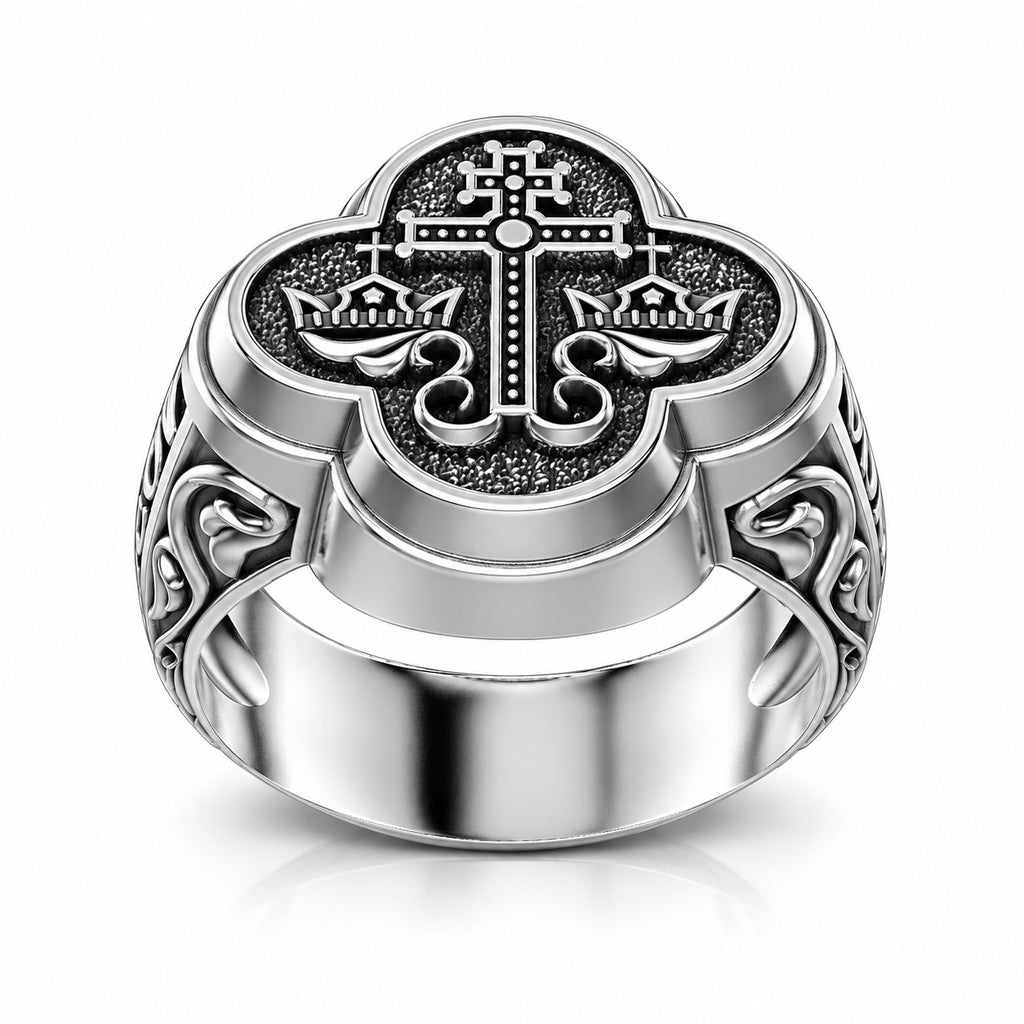 Orthodox Byzantine Cross and Crowns Signet Ring – Sterling Silver