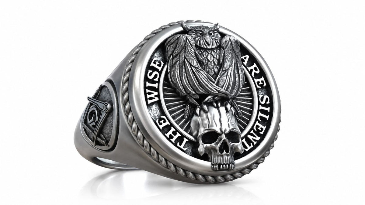 Masonic Owl & Skull Signet Ring – Sterling Silver