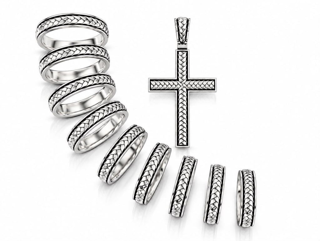 Braided Wedding Band & Openwork Cross Pendant Set – Sterling Silver