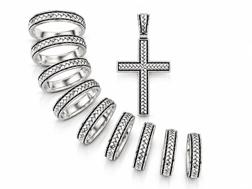 Braided Wedding Band & Openwork Cross Pendant Set – Sterling Silver