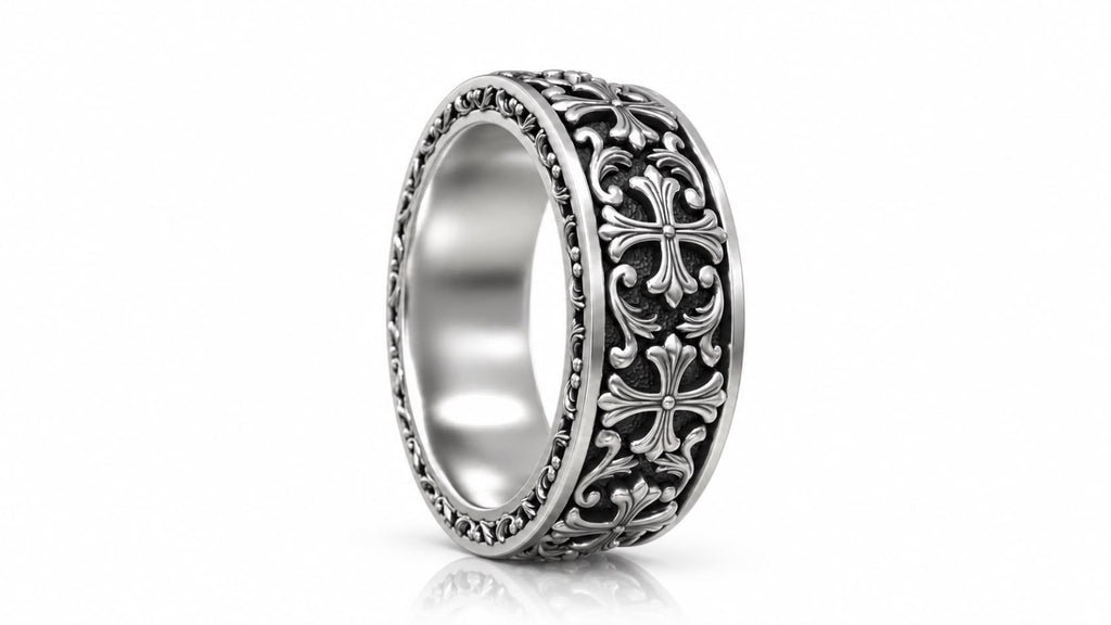 Gothic Fleur Cross Baroque Band Ring – Sterling Silver