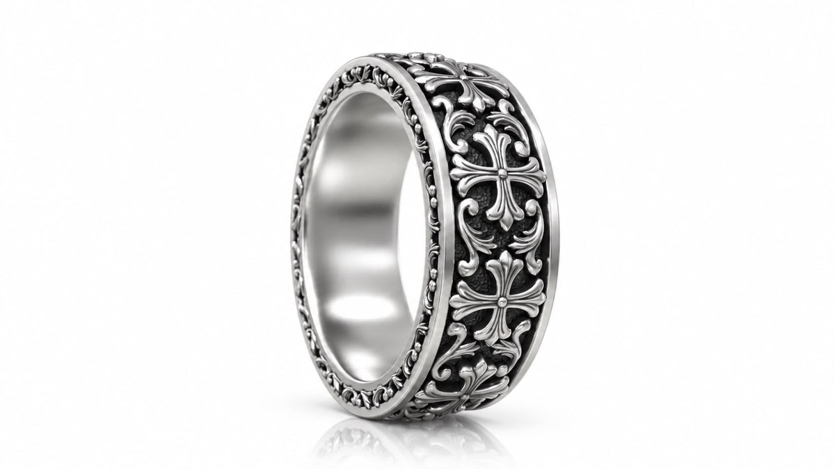 Gothic Fleur Cross Baroque Band Ring – Sterling Silver