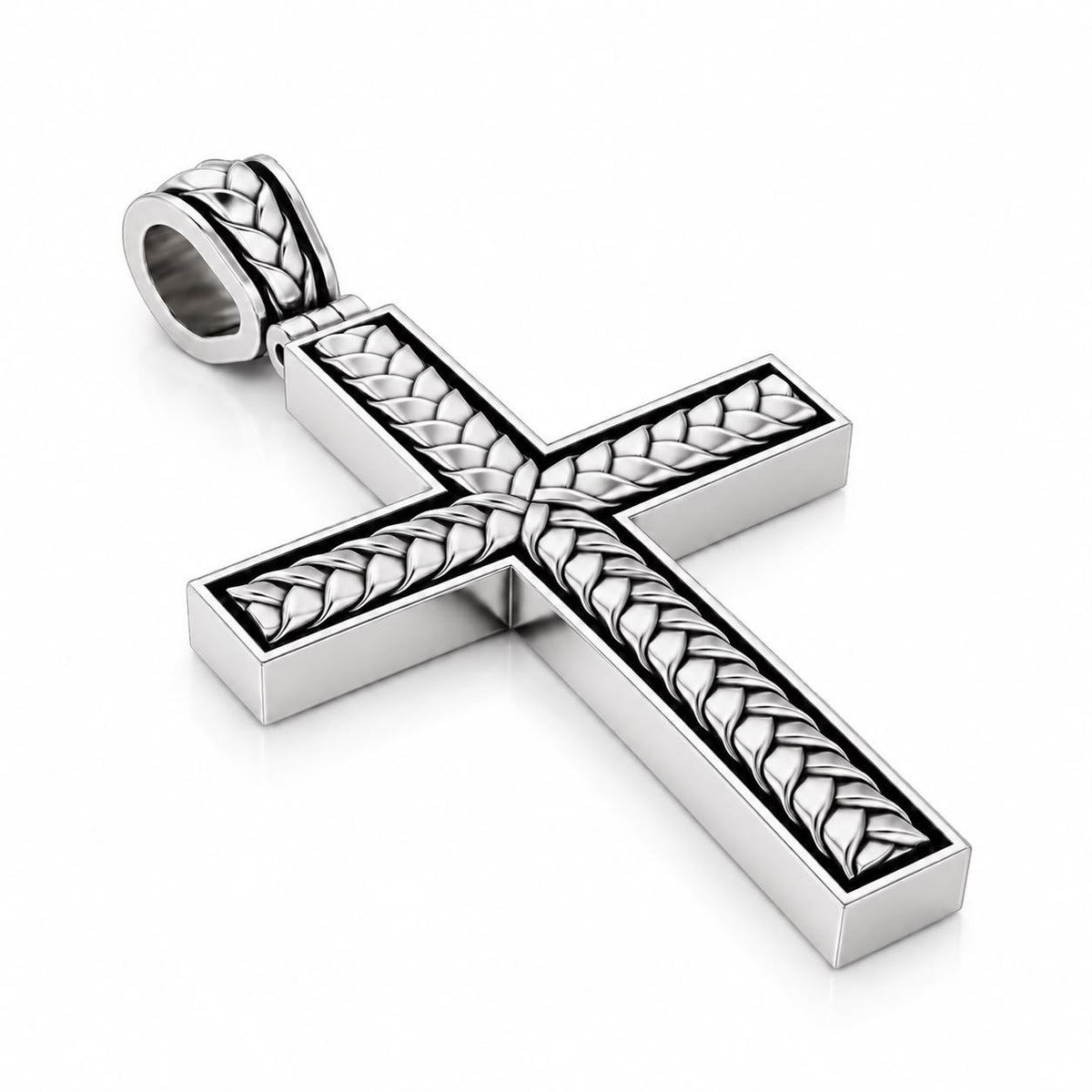 Braided Wedding Band & Openwork Cross Pendant Set – Sterling Silver