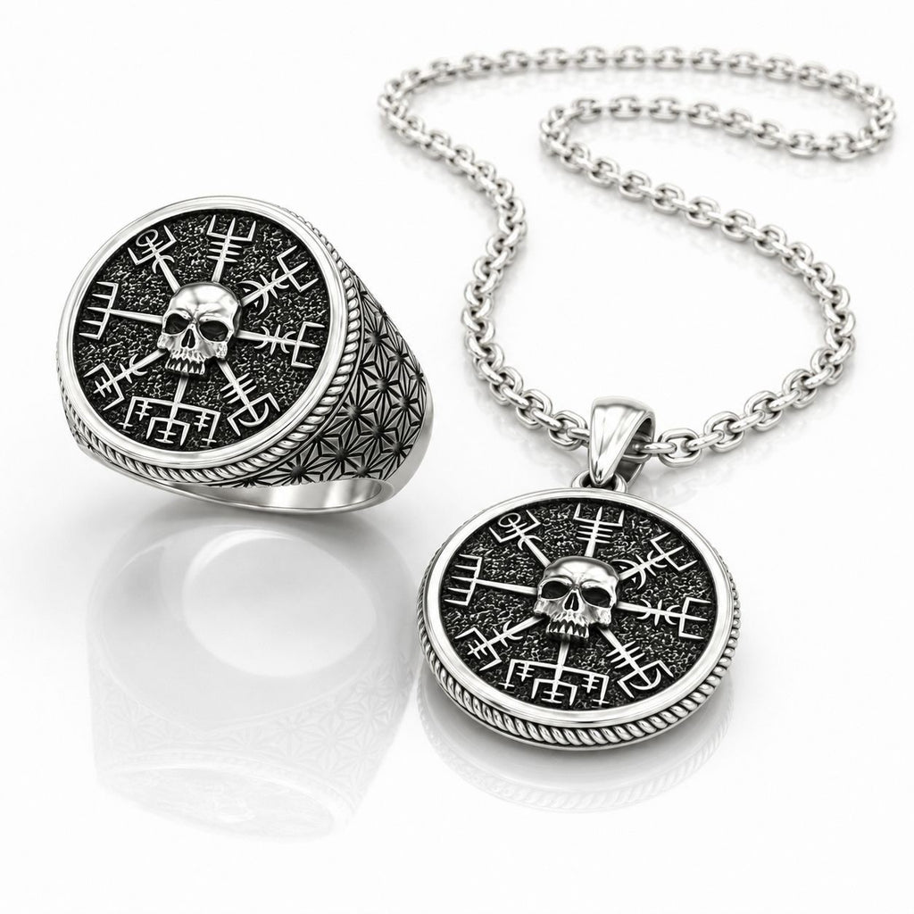 Vegvisir Skull Ring & Pendant Set – Sterling Silver