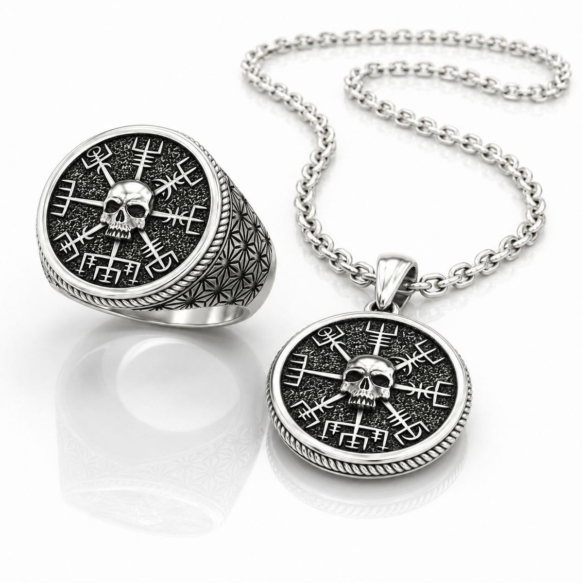 Vegvisir Skull Ring & Pendant Set – Sterling Silver