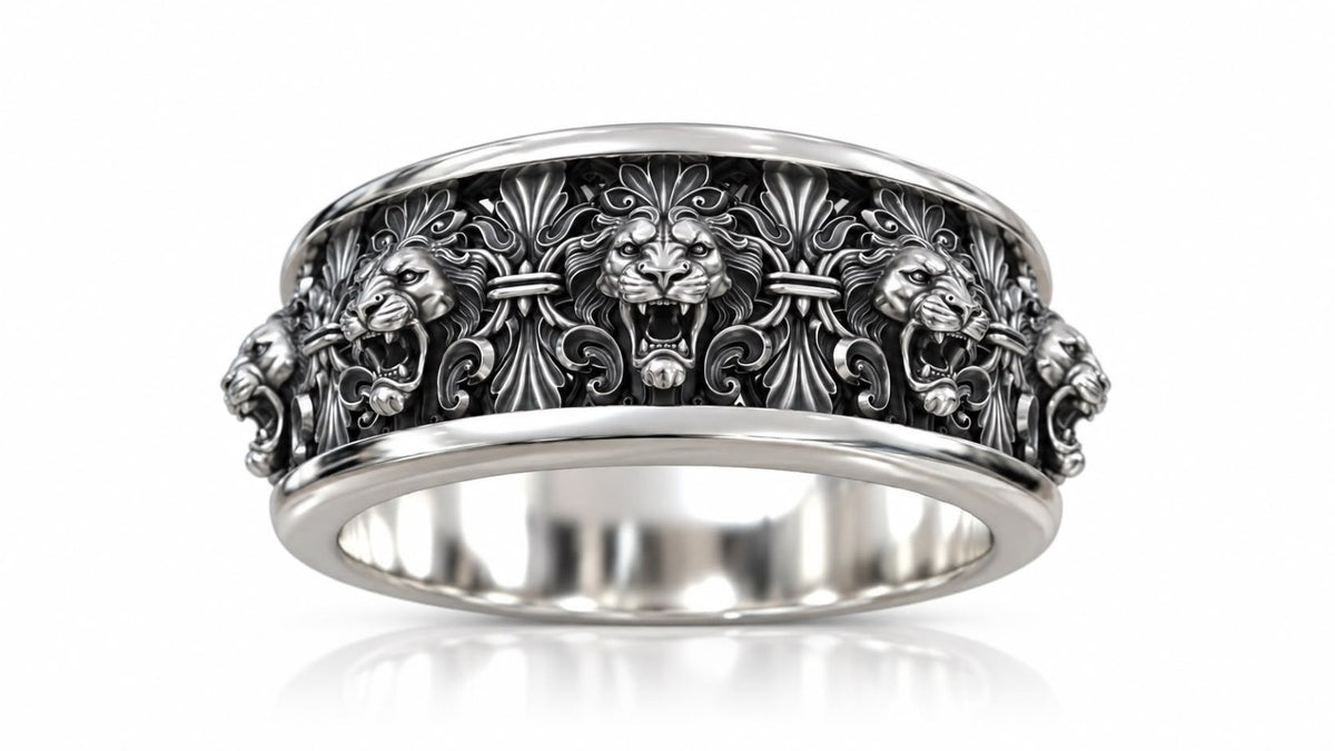 Roaring Lion Baroque Band Ring – Sterling Silver