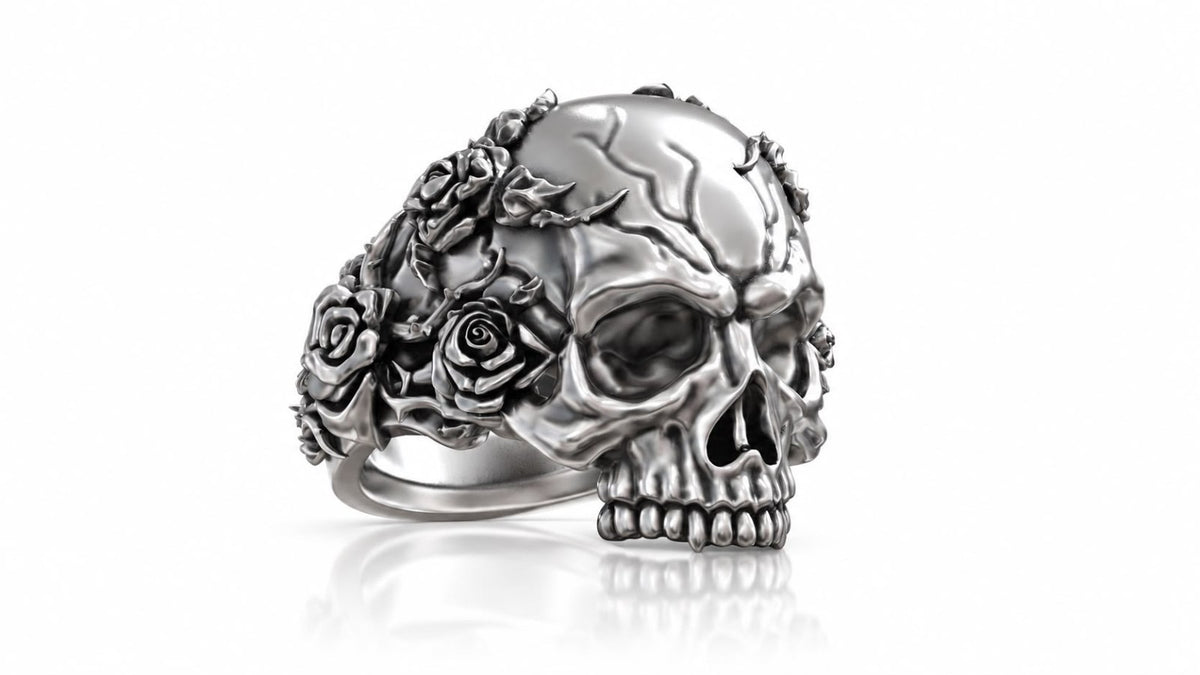 Skull & Roses Gothic Ring – Sterling Silver