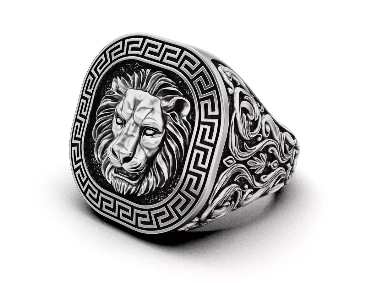 Lion Head Greek Key Signet Ring – Sterling Silver