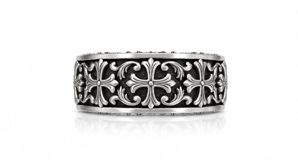 Gothic Fleur Cross Baroque Band Ring – Sterling Silver