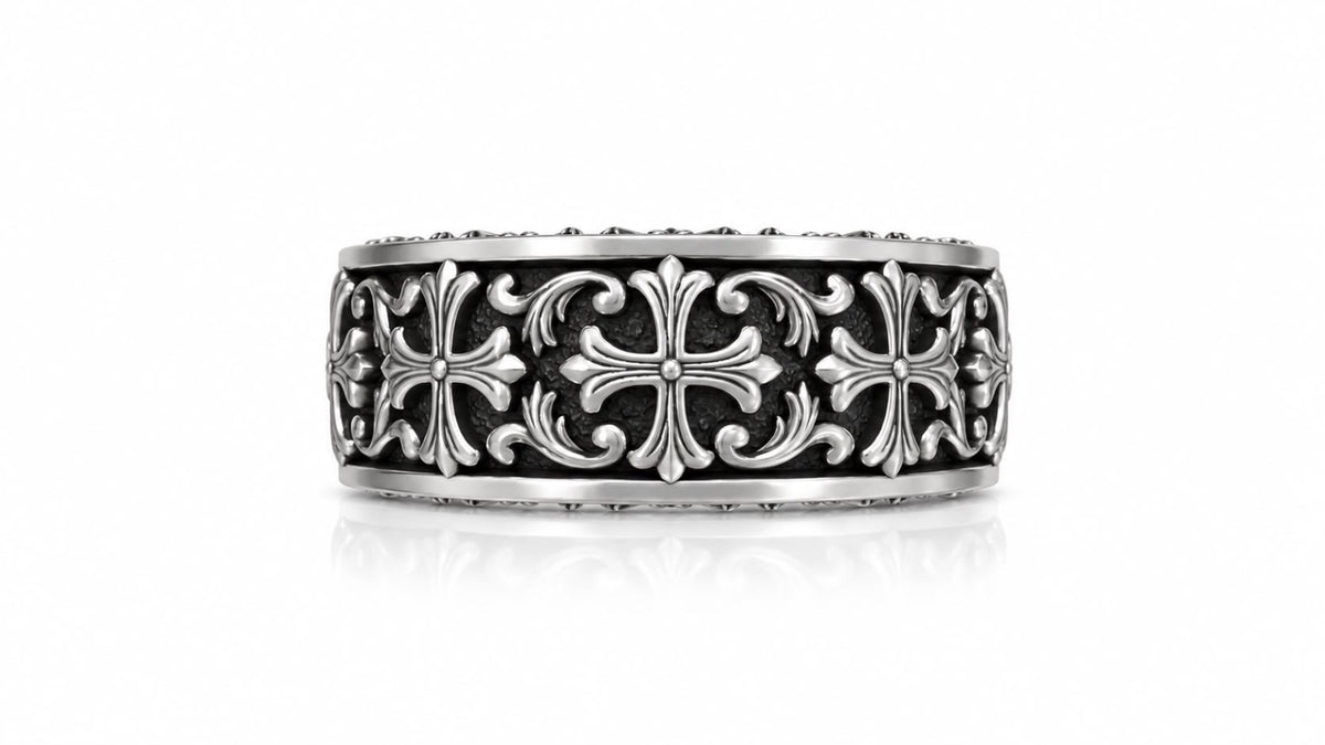 Gothic Fleur Cross Baroque Band Ring – Sterling Silver