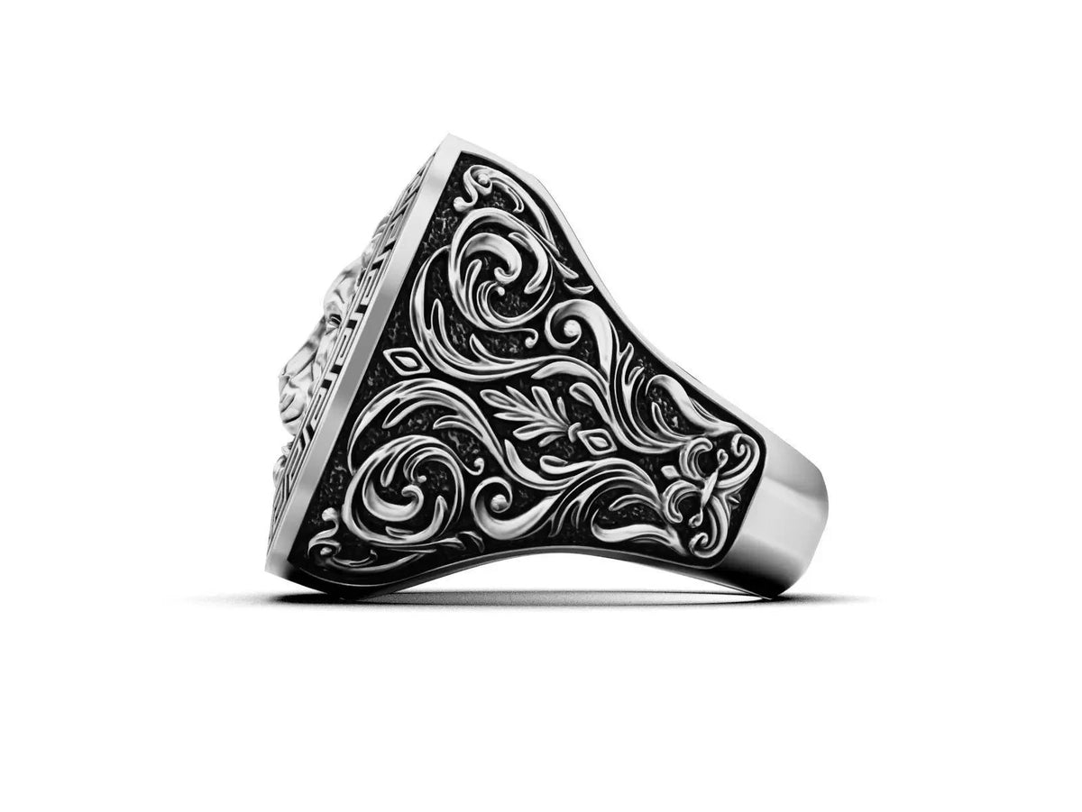 Lion Head Greek Key Signet Ring – Sterling Silver