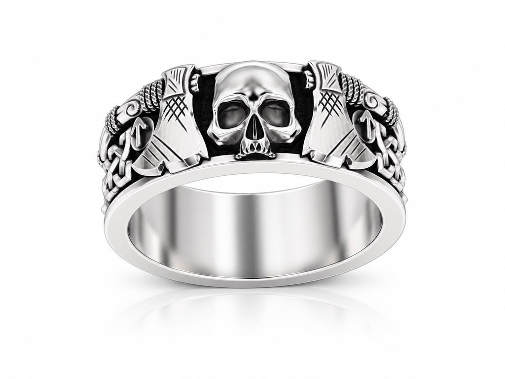 Viking Skull & Battle Axes Band Ring – Sterling Silver