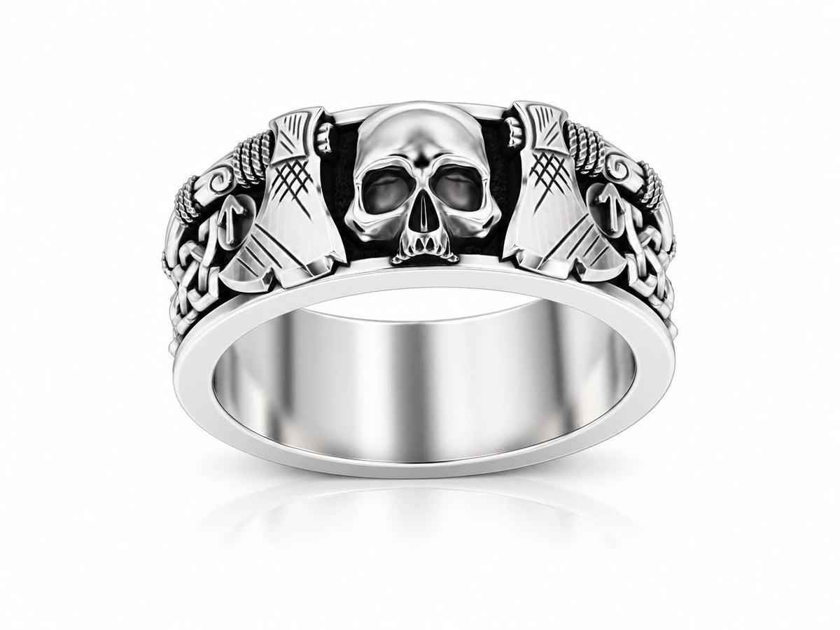 Viking Skull & Battle Axes Band Ring – Sterling Silver