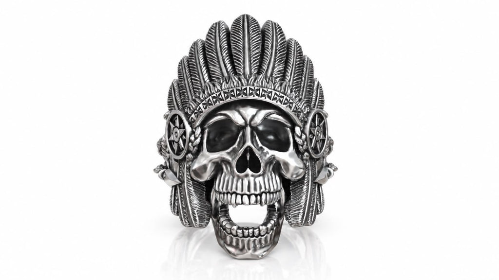 War Chief Skull Headdress Ring – Sterling Silver