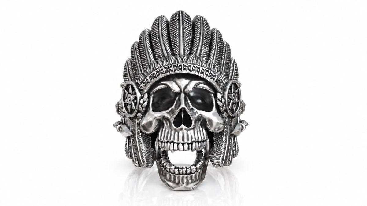 War Chief Skull Headdress Ring – Sterling Silver