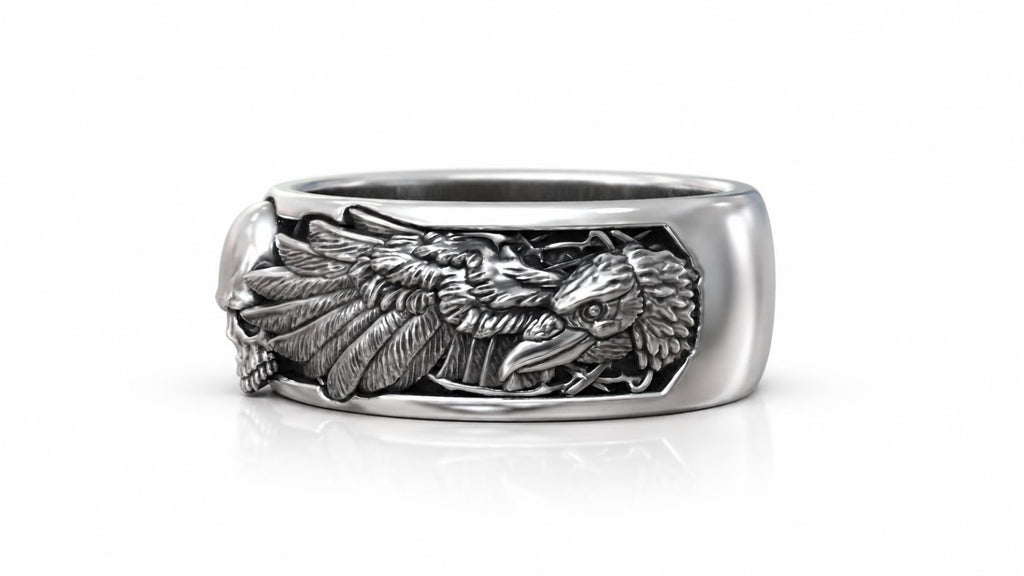 Skull & Wings Biker Band Ring – Sterling Silver