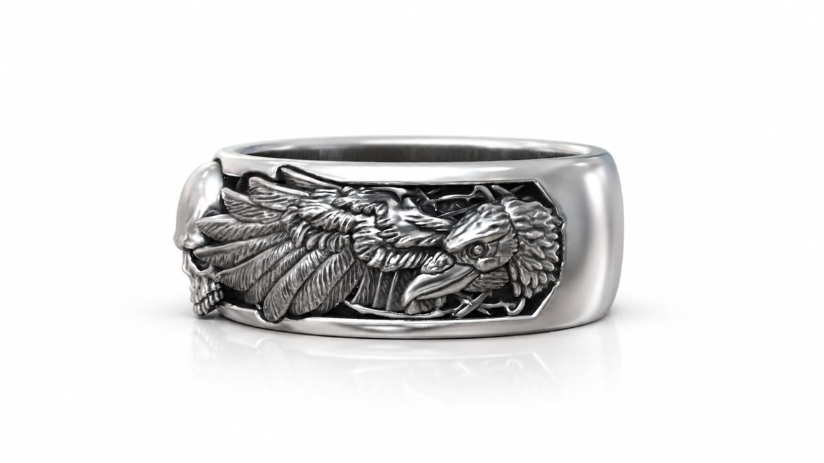 Skull & Wings Biker Band Ring – Sterling Silver