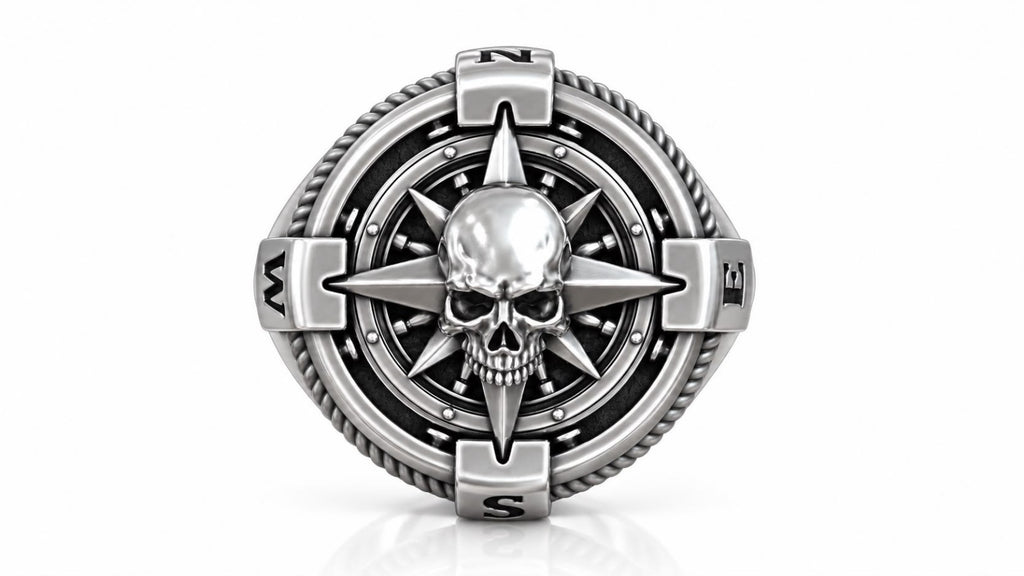Skull Compass Rose Mariner Signet Ring – Sterling Silver