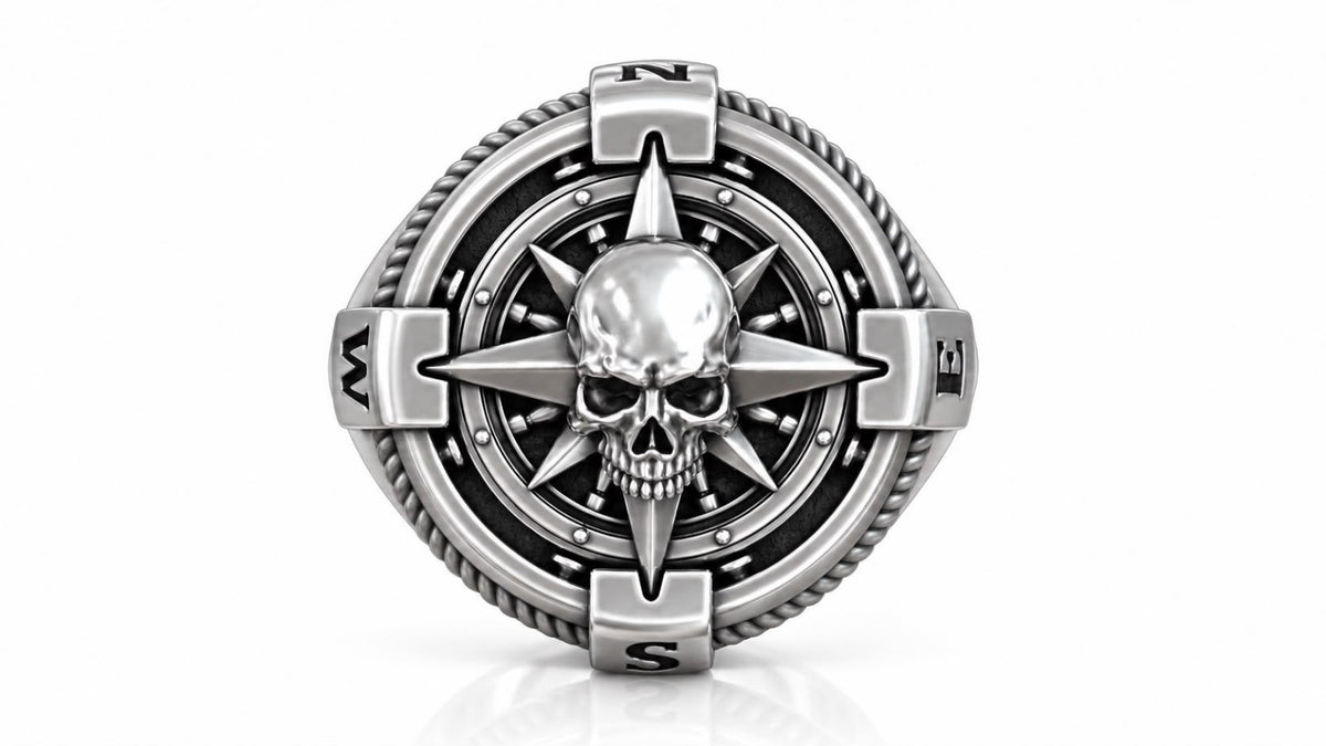 Skull Compass Rose Mariner Signet Ring – Sterling Silver