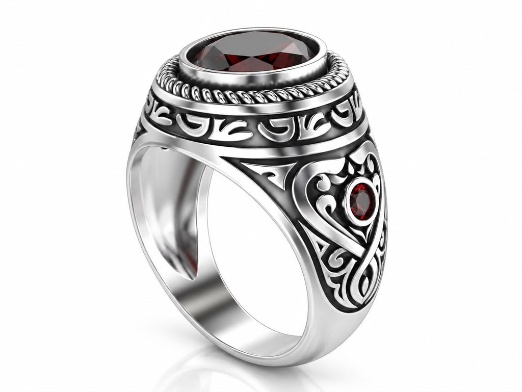 Baroque Red Gem Statement Ring – Sterling Silver
