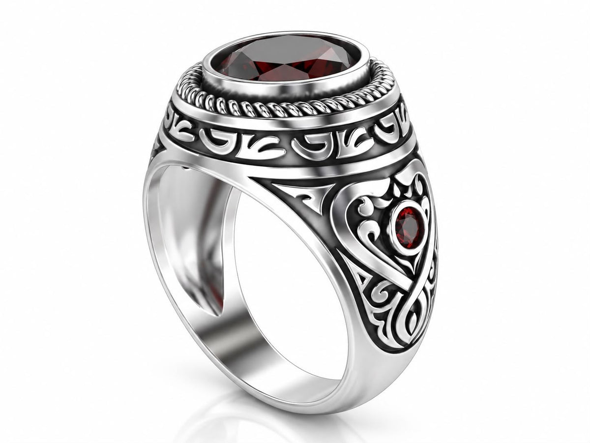 Baroque Red Gem Statement Ring – Sterling Silver