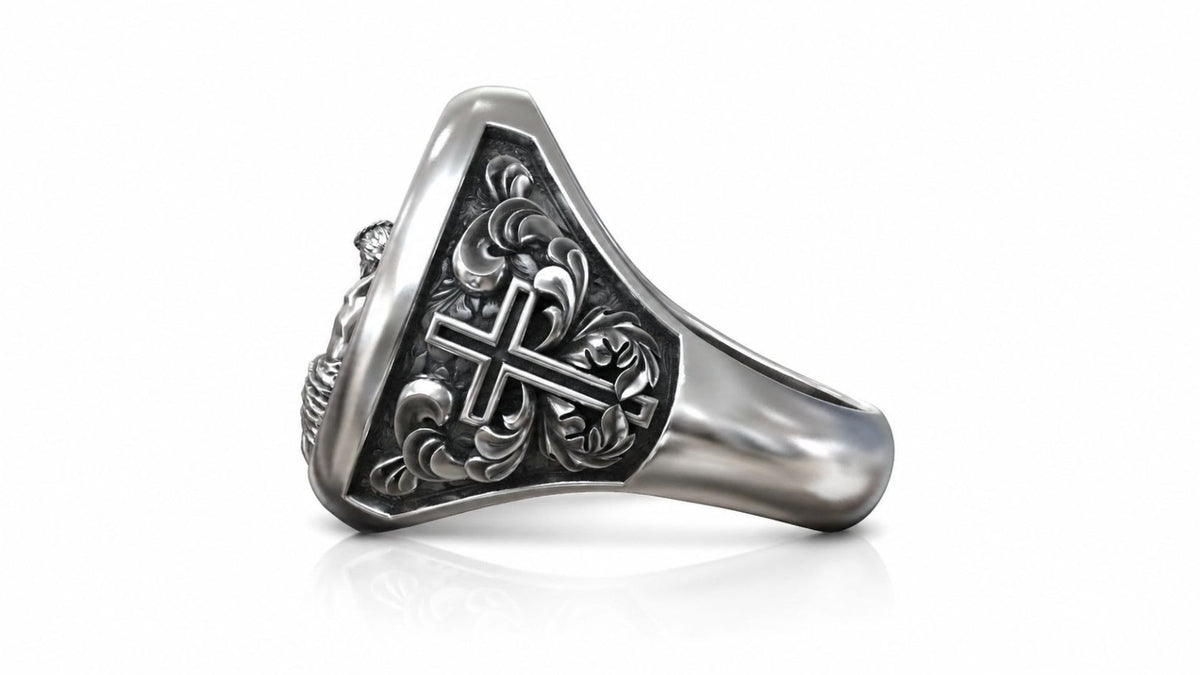 Crucifix & Saint Benedict Signet Ring – Sterling Silver