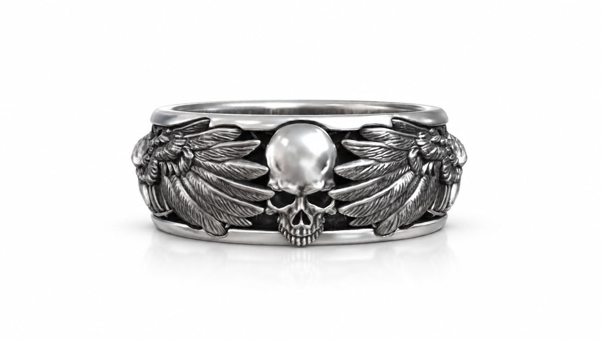 Skull & Wings Biker Band Ring – Sterling Silver