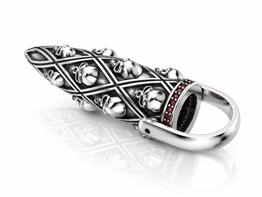 Gothic Skull Full Finger Armor Ring with Red CZ – Sterling Silver