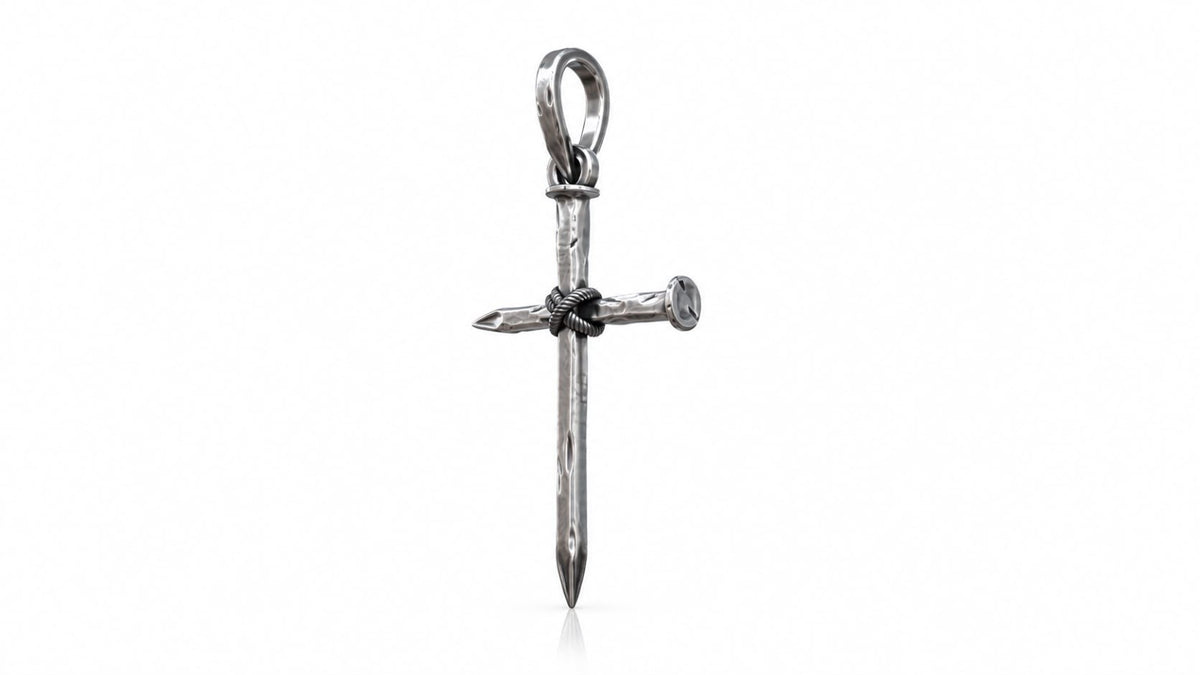 Rope-Wrapped Nail Cross Pendant – Sterling Silver