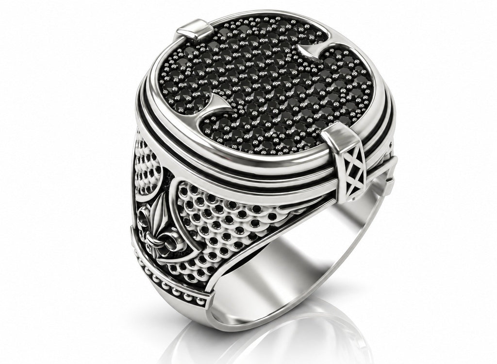 Fleur de Lis black CZ pave signet ring in sterling silver
