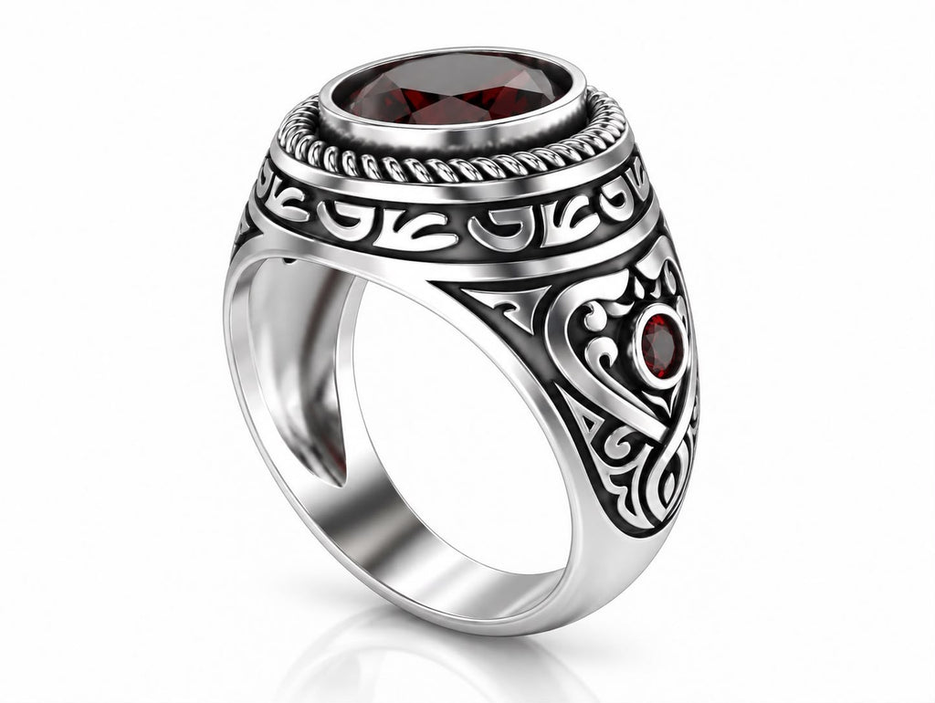 Baroque Red Gem Statement Ring – Sterling Silver