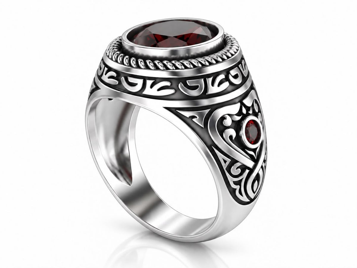 Baroque Red Gem Statement Ring – Sterling Silver