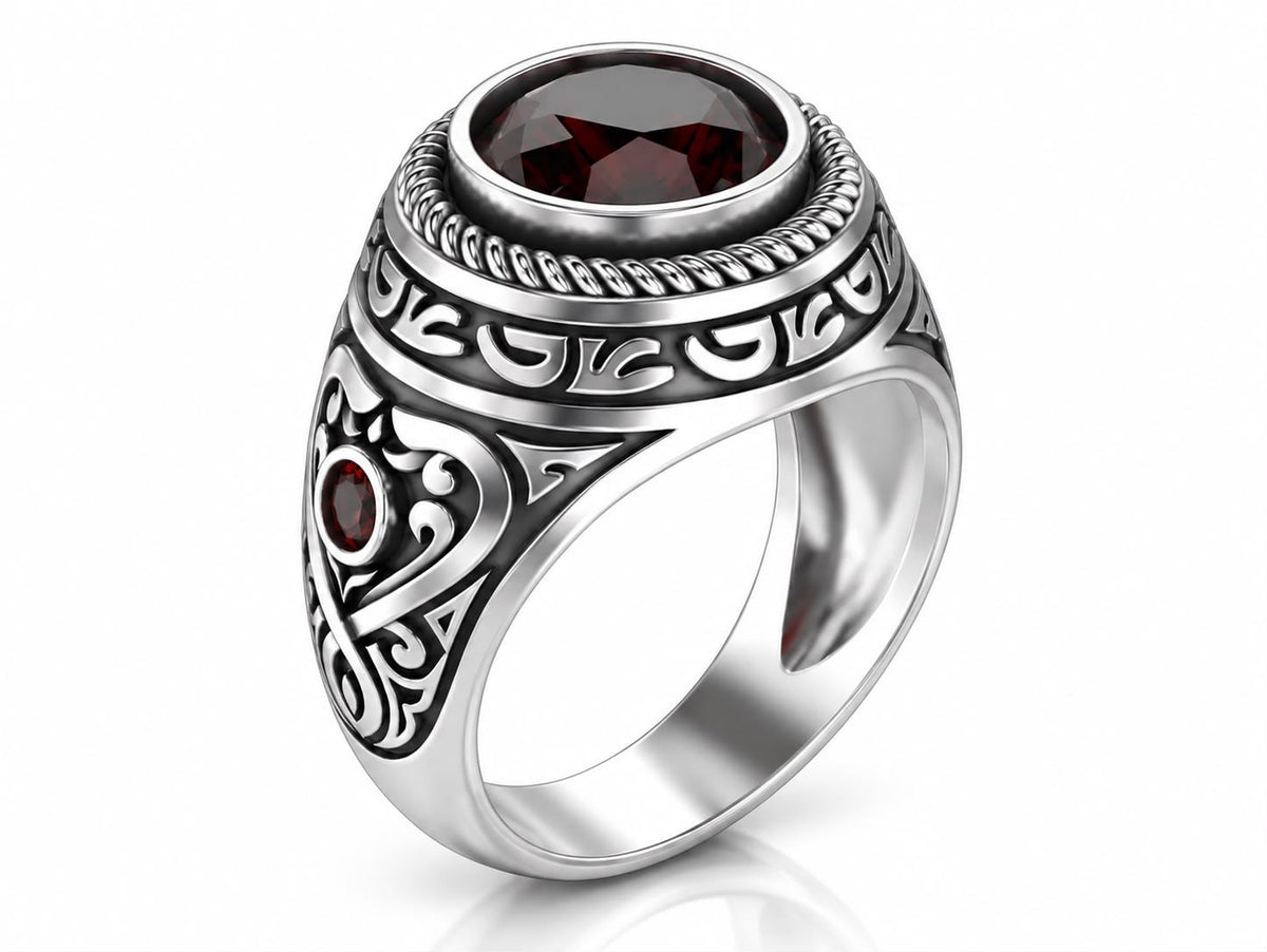 Baroque Red Gem Statement Ring – Sterling Silver