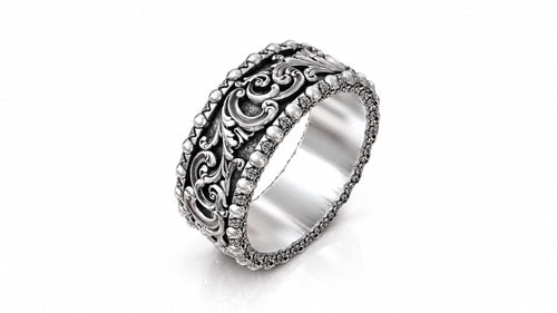 Baroque Acanthus Skull Edge Band Ring – Sterling Silver
