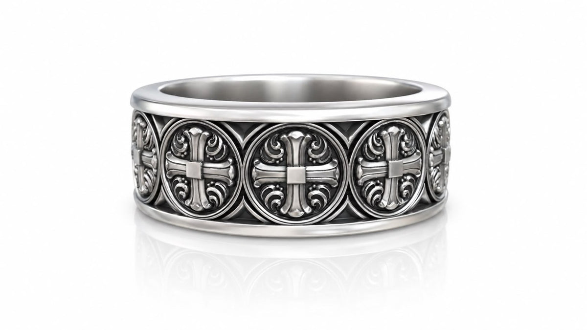 Gothic Cross Medallion Band Ring – Sterling Silver