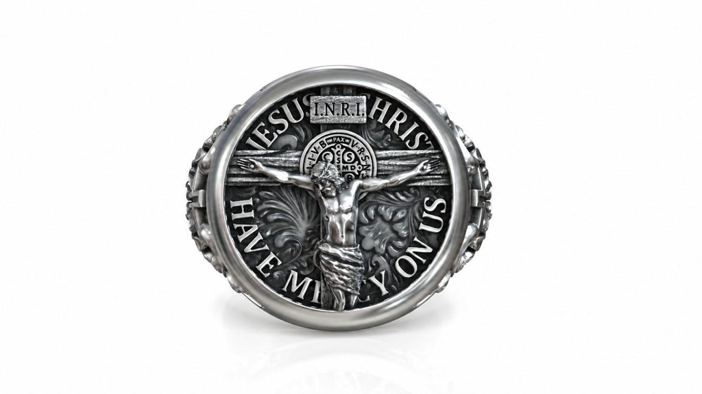 Crucifix & Saint Benedict Signet Ring – Sterling Silver