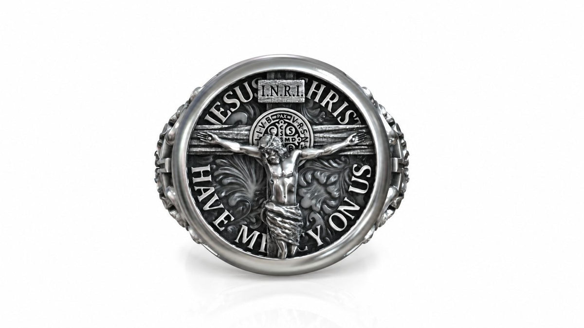 Crucifix & Saint Benedict Signet Ring – Sterling Silver